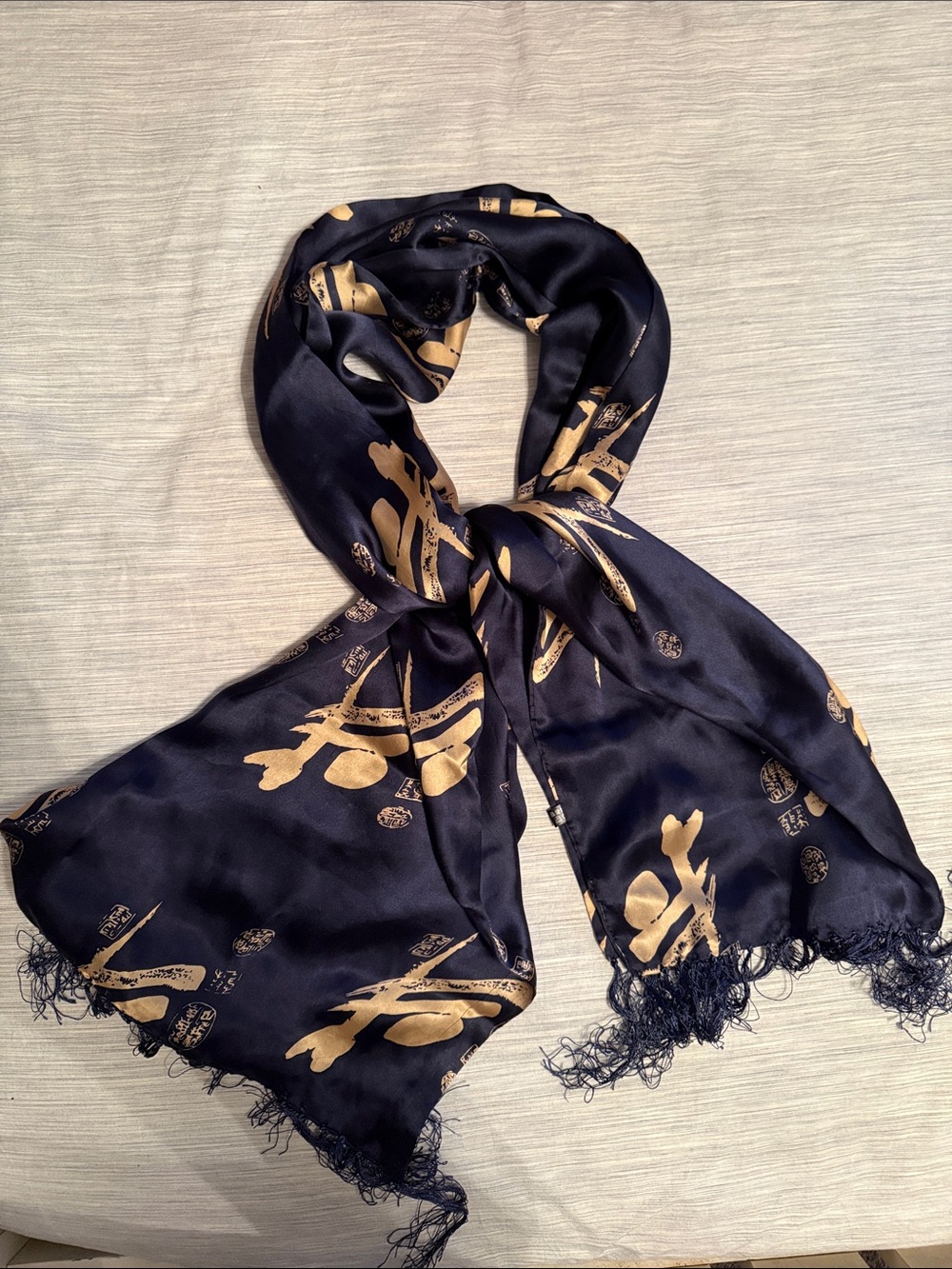 Elegant Navy and Gold Silk-Feel Scarf